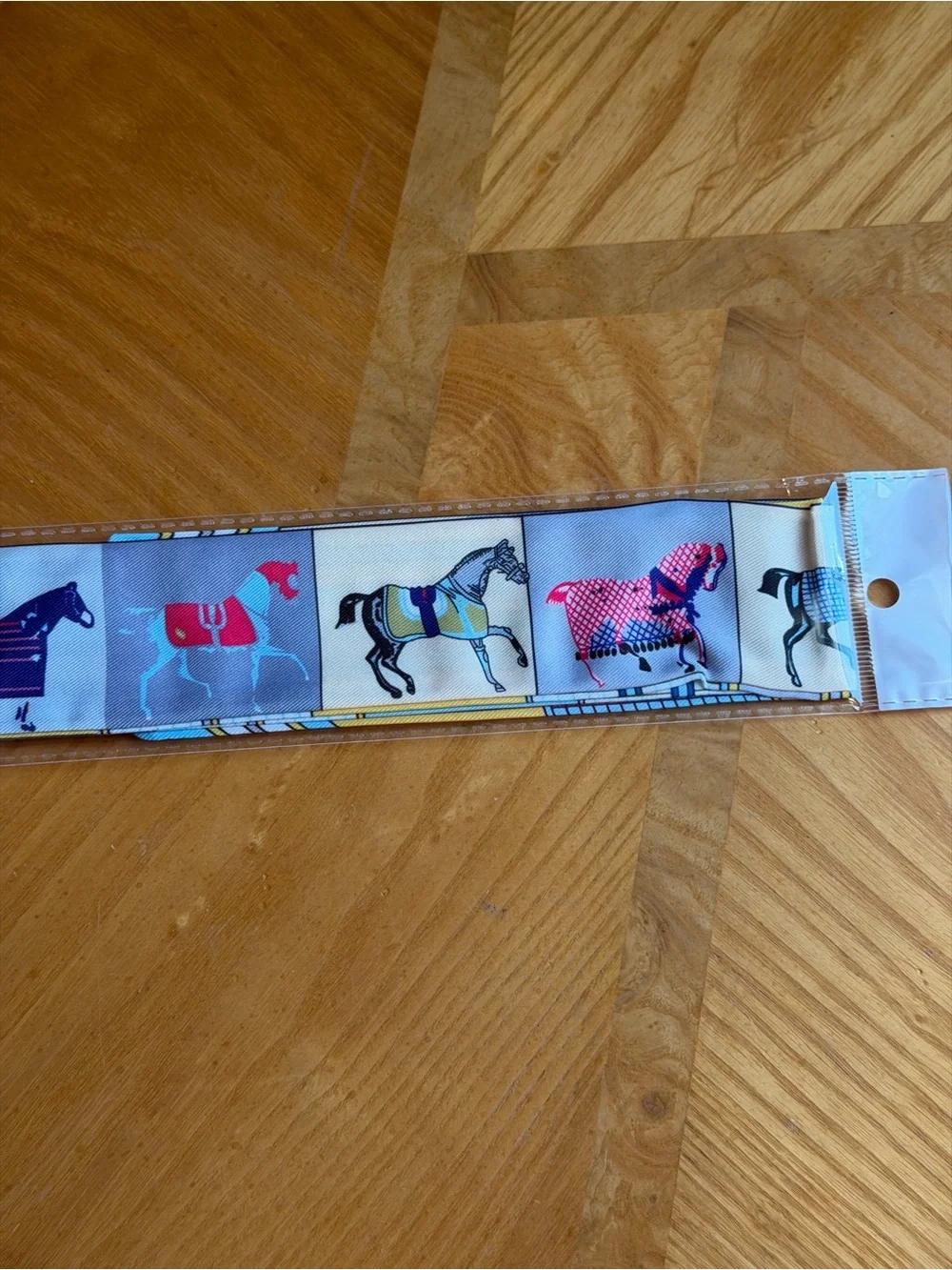 Striped twilly Horse Print Silk Scarf Belt - Yellow, Blue, Cream